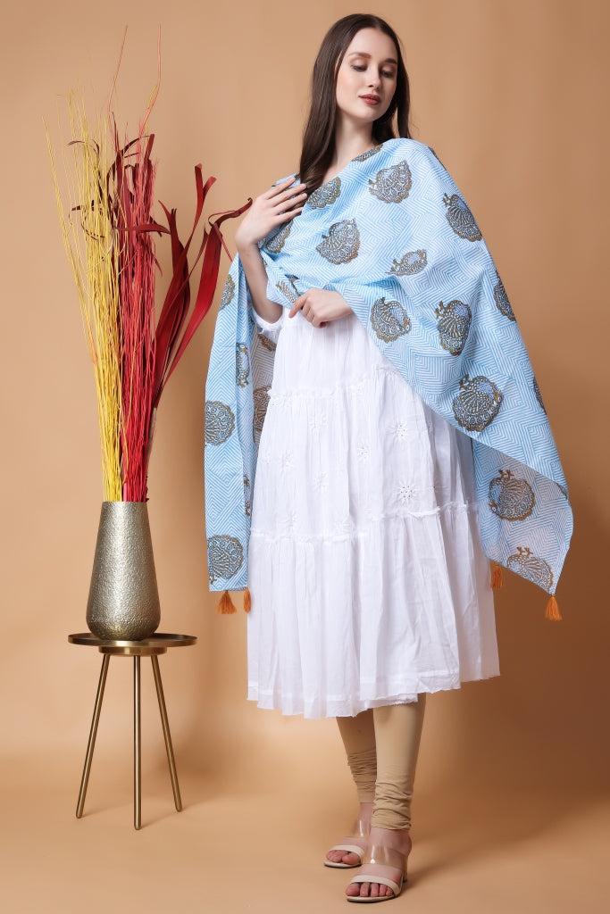 INDHA Stole | White Cotton Stole | Hand Block Printed Blue Geometric Design Pattern And Brown Peacock Design Motif | Hand Block Printed Stole | Stoles For Women | Ethnic Stoles | Gifting | Fashion Wear | Indo Western Stole | Fashion Accessory
