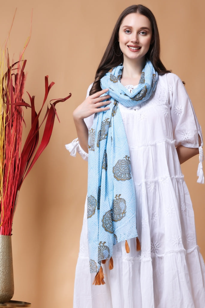 INDHA Stole | White Cotton Stole | Hand Block Printed Blue Geometric Design Pattern And Brown Peacock Design Motif | Hand Block Printed Stole | Stoles For Women | Ethnic Stoles | Gifting | Fashion Wear | Indo Western Stole | Fashion Accessory