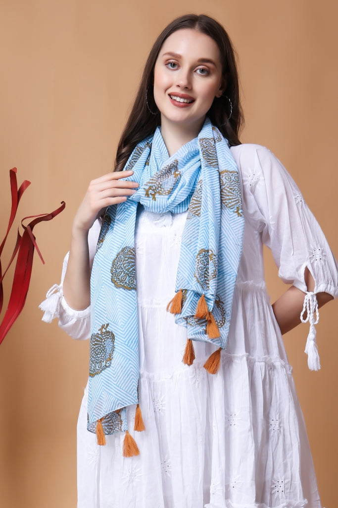 INDHA Stole | White Cotton Stole | Hand Block Printed Blue Geometric Design Pattern And Brown Peacock Design Motif | Hand Block Printed Stole | Stoles For Women | Ethnic Stoles | Gifting | Fashion Wear | Indo Western Stole | Fashion Accessory