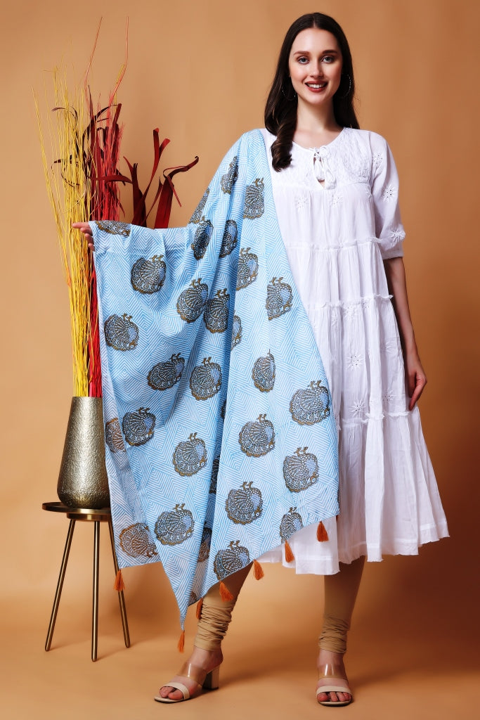 INDHA Stole | White Cotton Stole | Hand Block Printed Blue Geometric Design Pattern And Brown Peacock Design Motif | Hand Block Printed Stole | Stoles For Women | Ethnic Stoles | Gifting | Fashion Wear | Indo Western Stole | Fashion Accessory