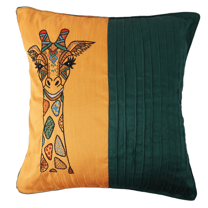 INDHA 20.0 X 20.0 Inches Embroidered Cushion Cover | Teal Green and Golden Yellow Dupion Silk Cushion Cover | Hand Embroidered Chain Stitch And Kantha Work Multicolor Giraffe Face Design|