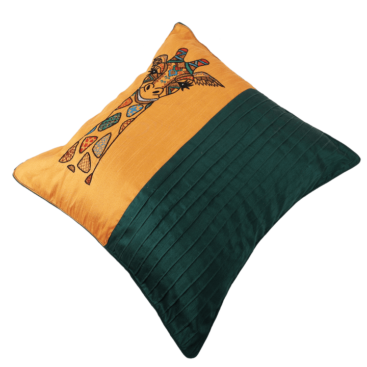 INDHA 20.0 X 20.0 Inches Embroidered Cushion Cover | Teal Green and Golden Yellow Dupion Silk Cushion Cover | Hand Embroidered Chain Stitch And Kantha Work Multicolor Giraffe Face Design|