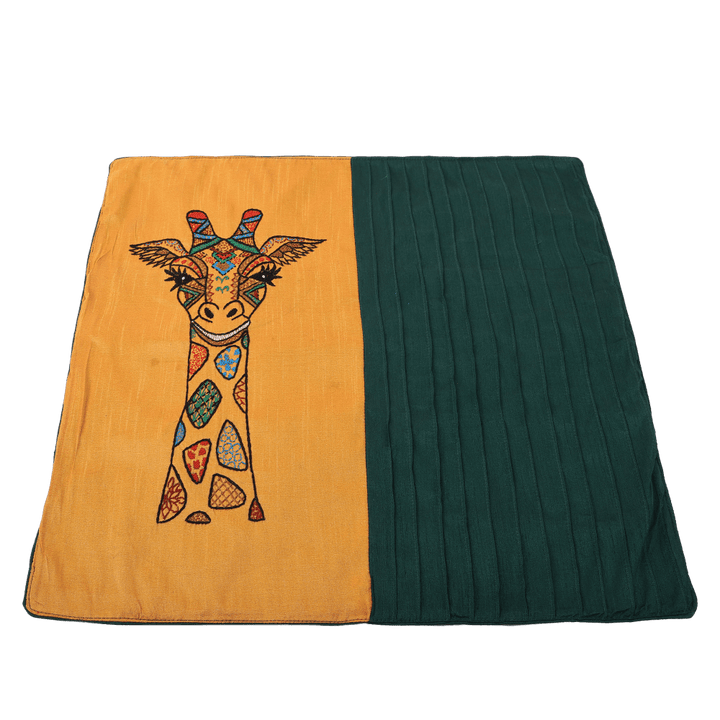 INDHA 20.0 X 20.0 Inches Embroidered Cushion Cover | Teal Green and Golden Yellow Dupion Silk Cushion Cover | Hand Embroidered Chain Stitch And Kantha Work Multicolor Giraffe Face Design|