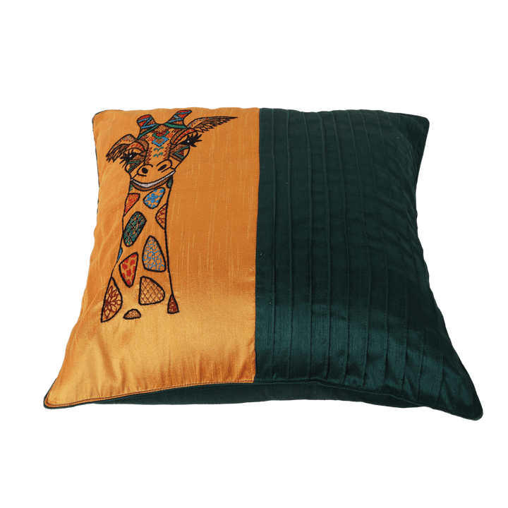 INDHA 20.0 X 20.0 Inches Embroidered Cushion Cover | Teal Green and Golden Yellow Dupion Silk Cushion Cover | Hand Embroidered Chain Stitch And Kantha Work Multicolor Giraffe Face Design|