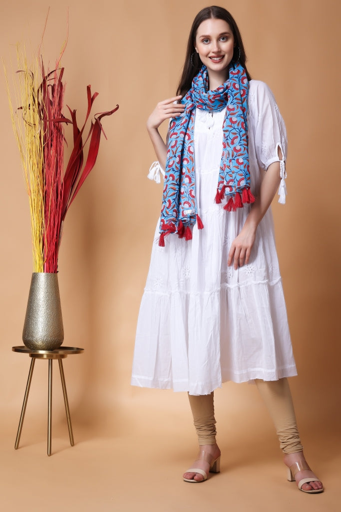 INDHA Stole | Sky Blue Cotton Stole | Hand Block Printed Red And White Flower Design Motif | Hand Block Printed Stole | Stoles For Women | Traditional Stoles | Gifting | Fashion Wear | Indo Western Stole | Fashion Accessory