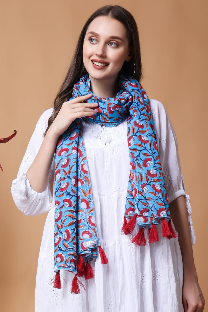 INDHA Stole | Sky Blue Cotton Stole | Hand Block Printed Red And White Flower Design Motif | Hand Block Printed Stole | Stoles For Women | Traditional Stoles | Gifting | Fashion Wear | Indo Western Stole | Fashion Accessory
