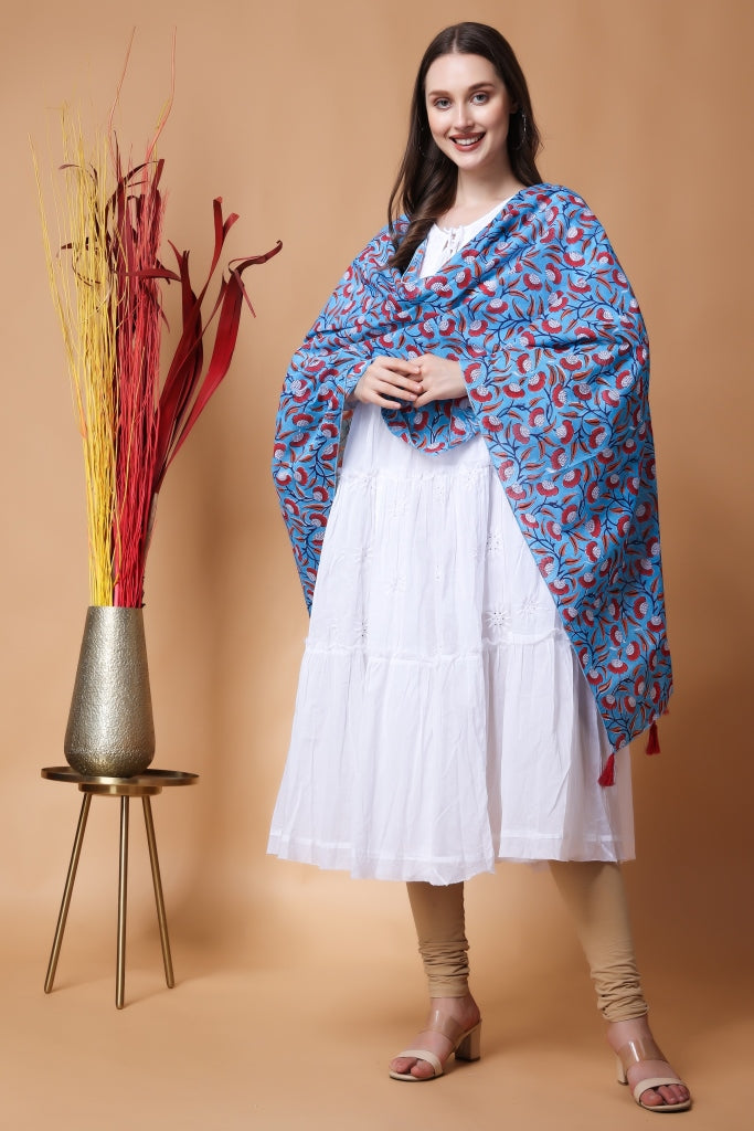 INDHA Stole | Sky Blue Cotton Stole | Hand Block Printed Red And White Flower Design Motif | Hand Block Printed Stole | Stoles For Women | Traditional Stoles | Gifting | Fashion Wear | Indo Western Stole | Fashion Accessory