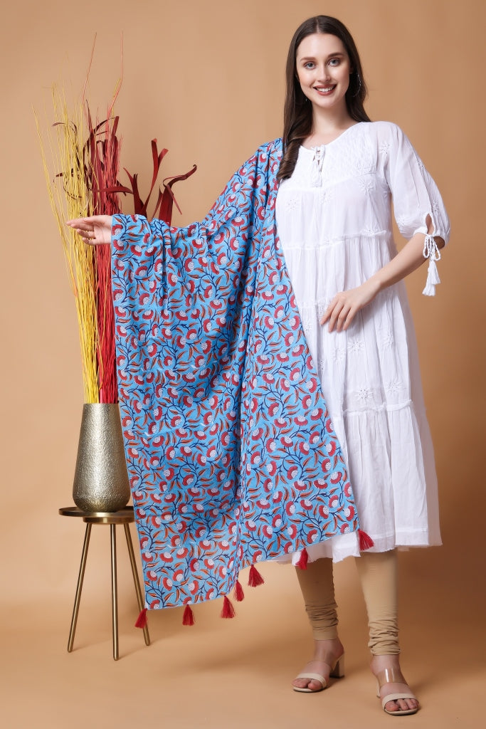 INDHA Stole | Sky Blue Cotton Stole | Hand Block Printed Red And White Flower Design Motif | Hand Block Printed Stole | Stoles For Women | Traditional Stoles | Gifting | Fashion Wear | Indo Western Stole | Fashion Accessory