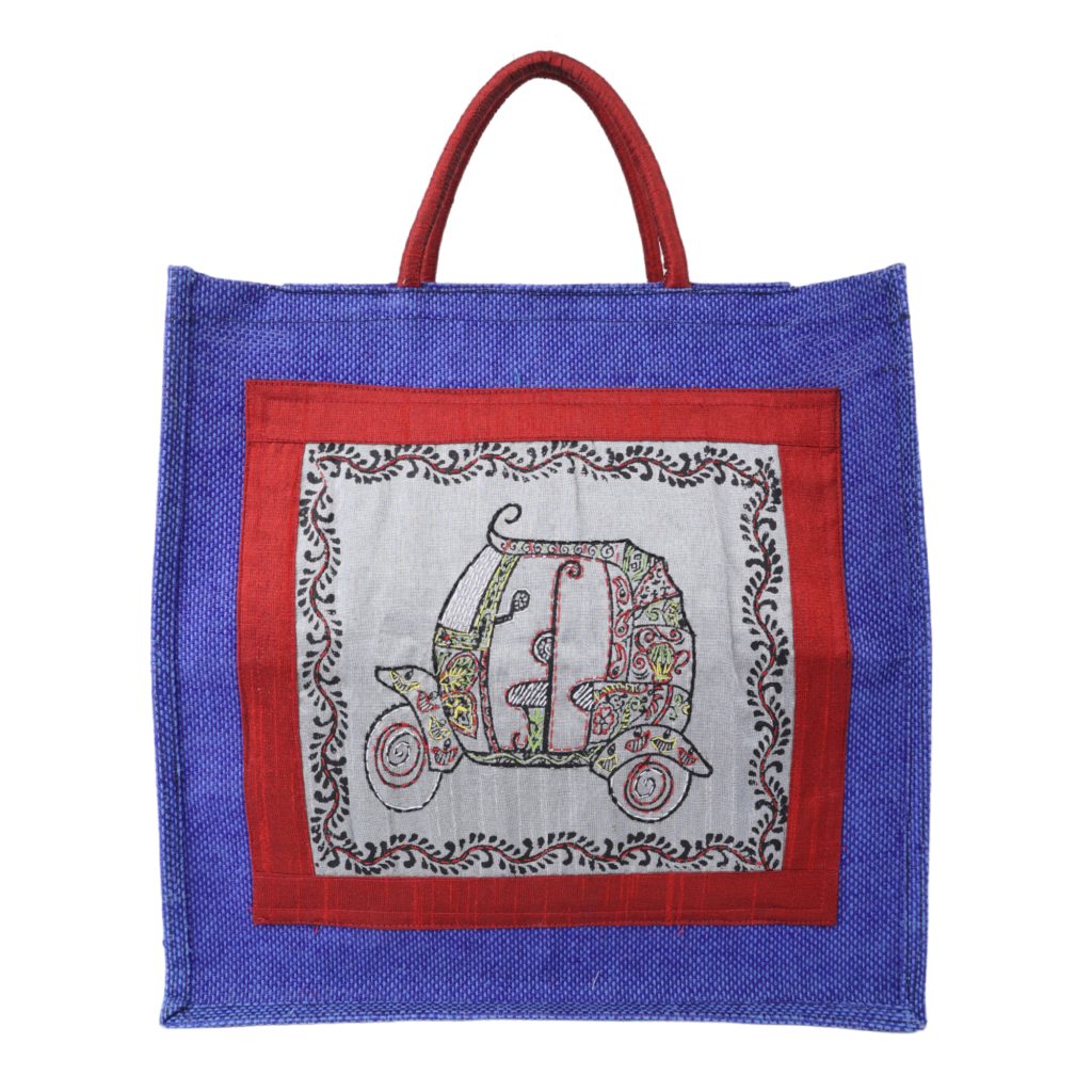 Indha Hand Embroidered Auto Motif Blue Jute Gift Bag | Sustainable Chic for Every Occasion | Auto Motif Blue Jute Carry Bag |