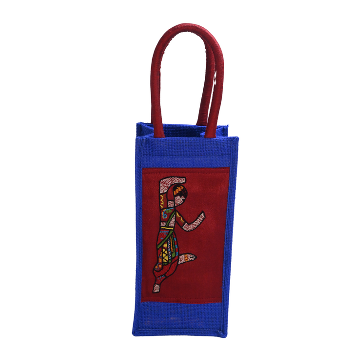 Indha Blue Jute Bottle Carry Bag – Dancing Lady Appliqué | Eco-Friendly &amp; Handcrafted