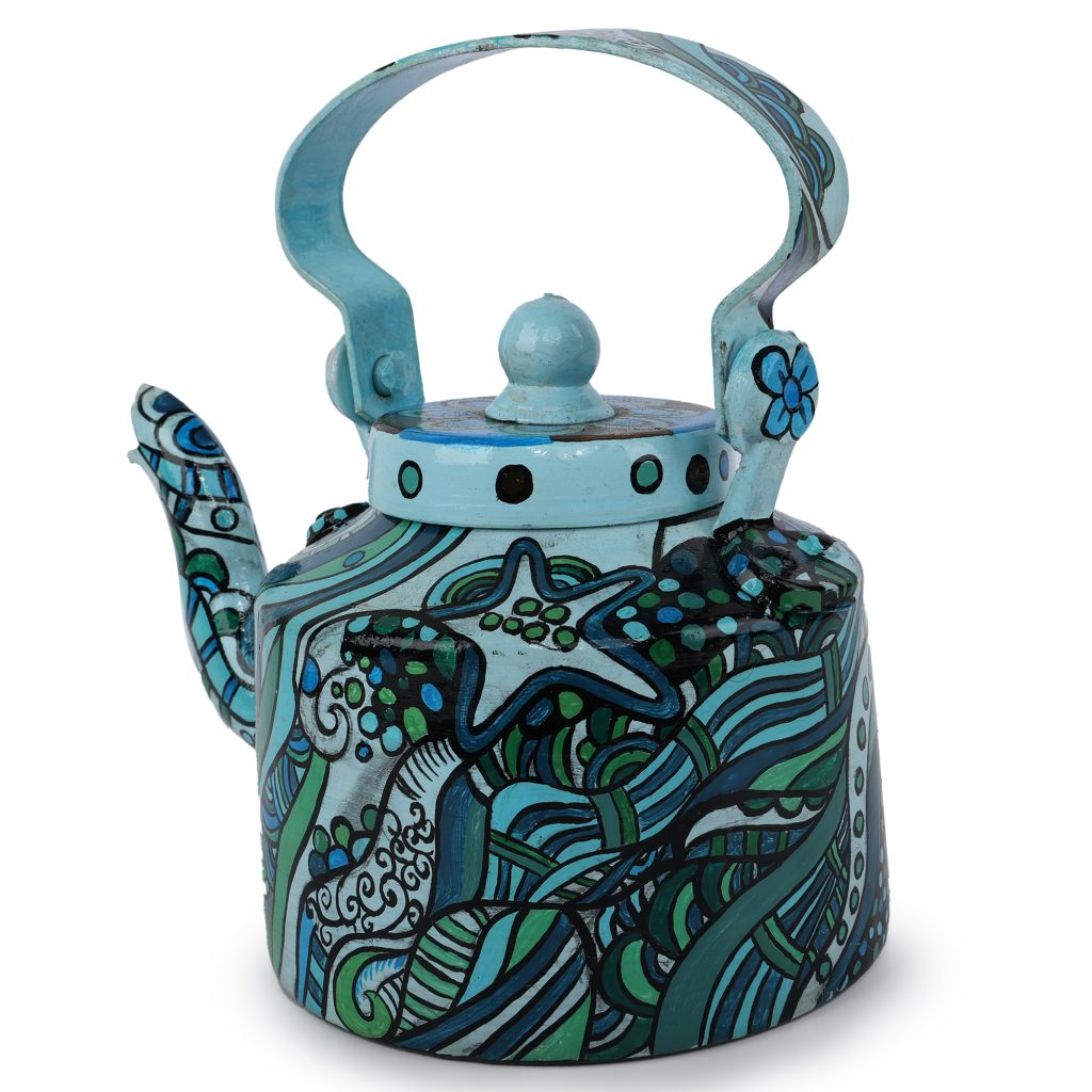 INDHA Turquoise and Blue Handpainted Aluminium Decorative Kettle With Abstract Art Print | Handpainted Décor | Home Décor | Home Utility | Living Room Décor | Gifting | Décor | Kitchen Utility