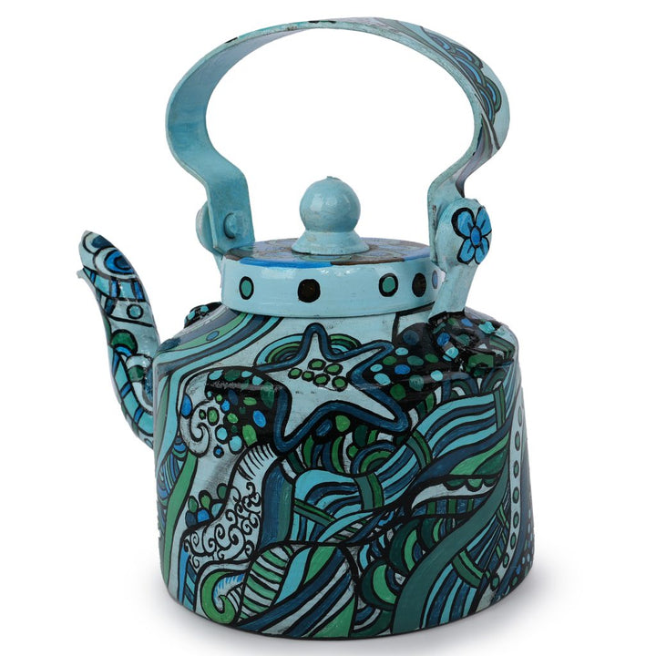 INDHA Turquoise and Blue Handpainted Aluminium Decorative Kettle With Abstract Art Print | Handpainted Décor | Home Décor | Home Utility | Living Room Décor | Gifting | Décor | Kitchen Utility