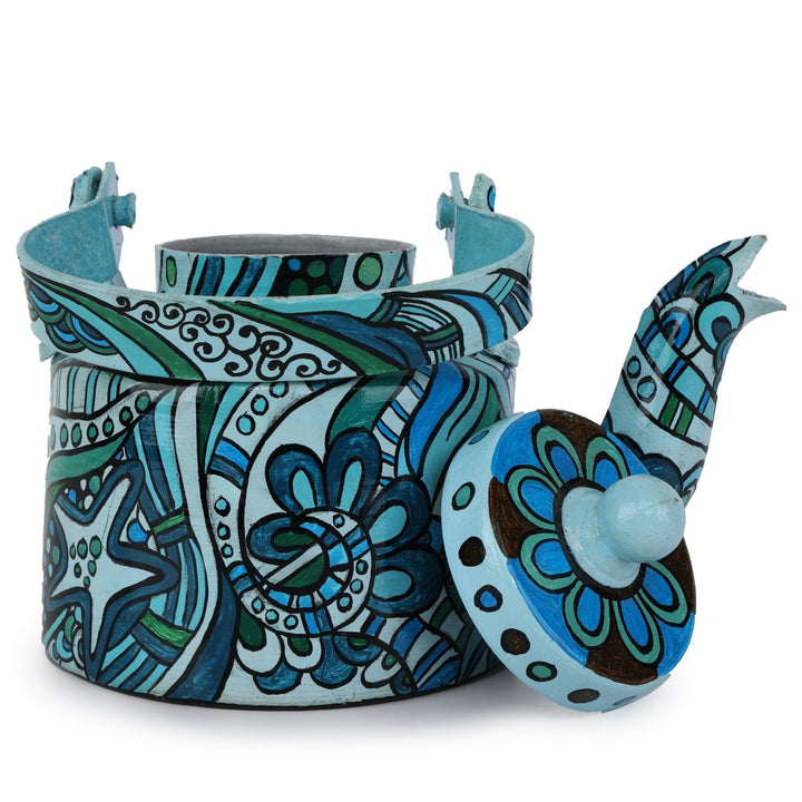 INDHA Turquoise and Blue Handpainted Aluminium Decorative Kettle With Abstract Art Print | Handpainted Décor | Home Décor | Home Utility | Living Room Décor | Gifting | Décor | Kitchen Utility