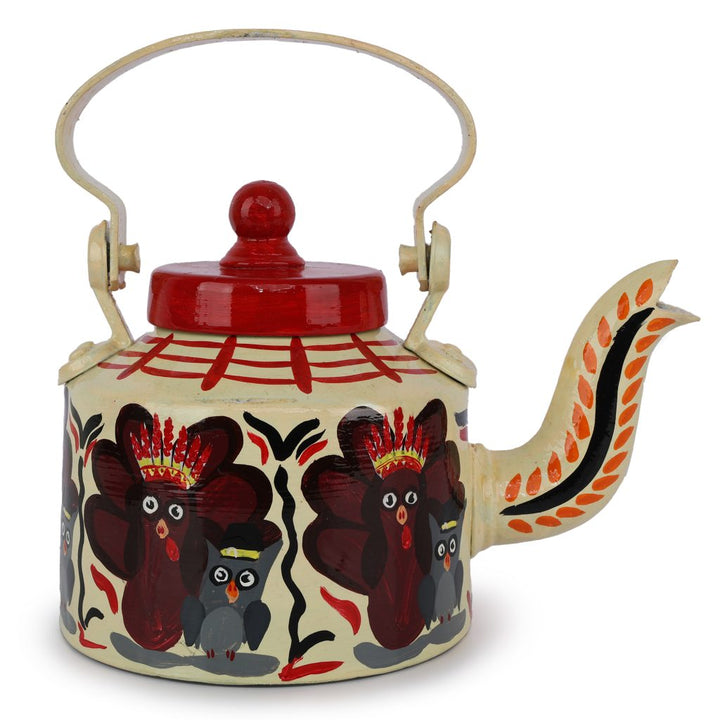 INDHA Off-White Handpainted Aluminium Decorative Kettle With Owl Print | Handpainted Décor | Home Décor | Home Utility | Living Room Décor | Gifting | Décor | Kitchen Utility