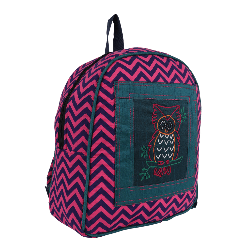 INDHA Kids Backpack Bag | Handcrafted Backpack Bag | Pink Cotton Kids Backpack Bag | Hand Block Printed Zig-Zag Design Pattern | Teal Green Dupion Silk |