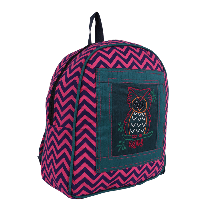 INDHA Kids Backpack Bag | Handcrafted Backpack Bag | Pink Cotton Kids Backpack Bag | Hand Block Printed Zig-Zag Design Pattern | Teal Green Dupion Silk |