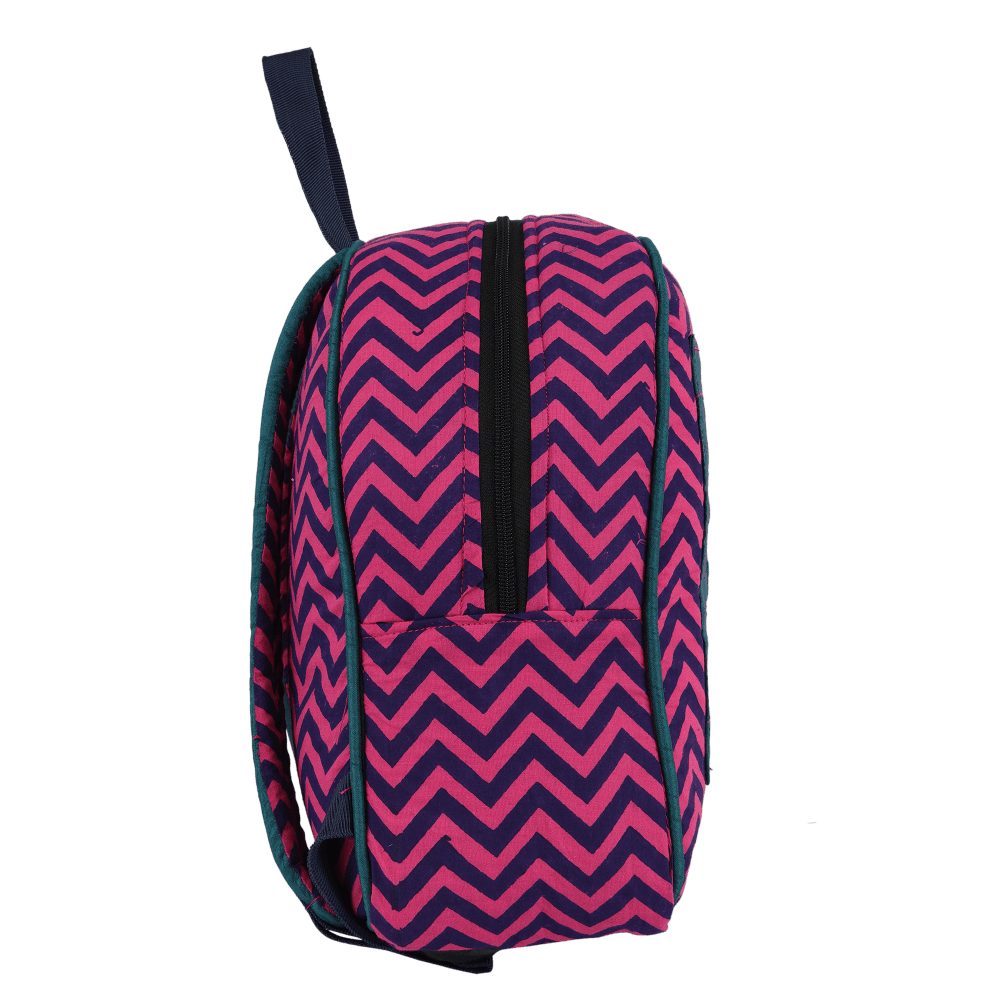 INDHA Kids Backpack Bag | Handcrafted Backpack Bag | Pink Cotton Kids Backpack Bag | Hand Block Printed Zig-Zag Design Pattern | Teal Green Dupion Silk |