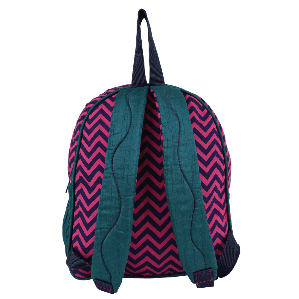 INDHA Kids Backpack Bag | Handcrafted Backpack Bag | Pink Cotton Kids Backpack Bag | Hand Block Printed Zig-Zag Design Pattern | Teal Green Dupion Silk |