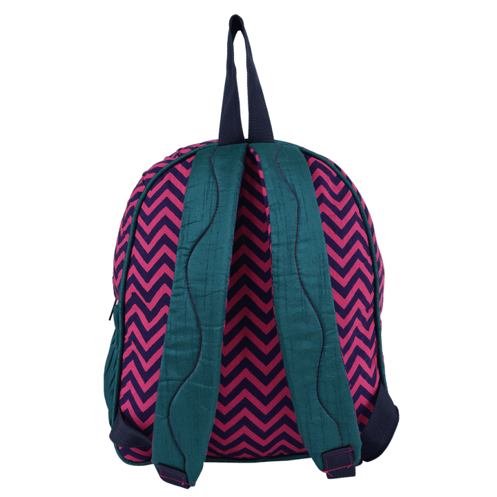 INDHA Kids Backpack Bag | Handcrafted Backpack Bag | Pink Cotton Kids Backpack Bag | Hand Block Printed Zig-Zag Design Pattern | Teal Green Dupion Silk |