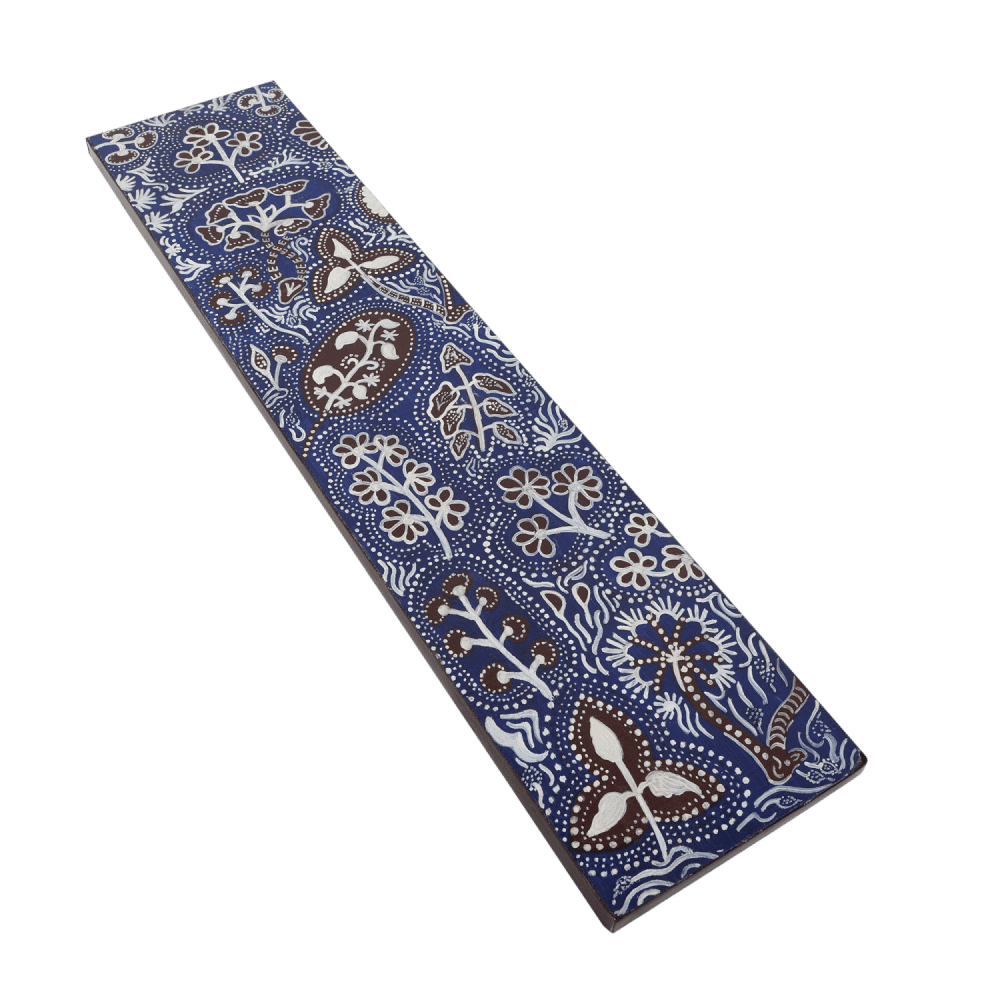 Indha Hand Painted Wall Decor | Sustainable Navy Blue Wall Decor | Tall Wall Decor | White and Black Flowers Hand Painted Wall Decor |