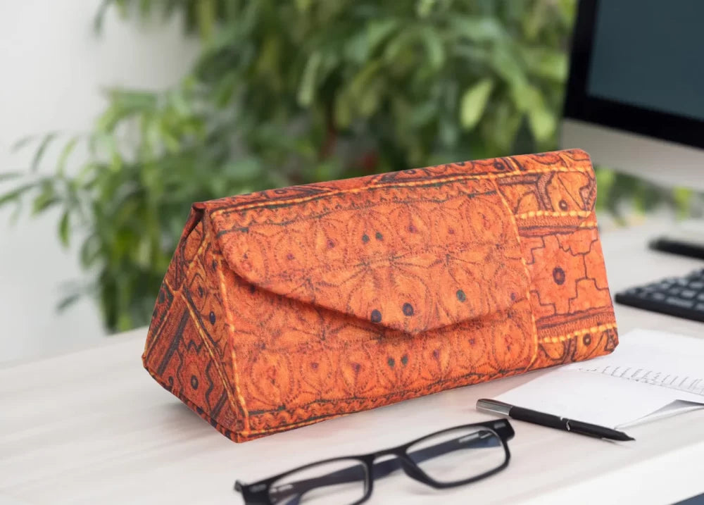 INDHA Eyewear Case | Handcrafted Eyewear Case | Orange Dupion Silk Eyewear Case | Black Indian Ethnic Traditional Design Pattern Digitally Printed | Handmade Eyewear Case | Gifting |