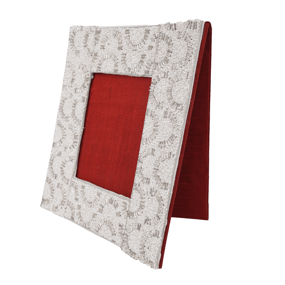 Indha Handcrafted Photo Frame| Unique Design Photo Frame | Table Top Picture Frame | Decorative Photo Frame | White Glass Beads Photo Frame | Zardozi Work Embroidery |