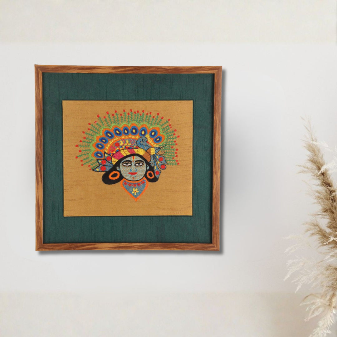 Indha Hand-Embroidered Lord Krishna Face Embroidery Wall Art Décor | Religious Gift - for Home, Living Room, Office, Puja , Entrance Decoration