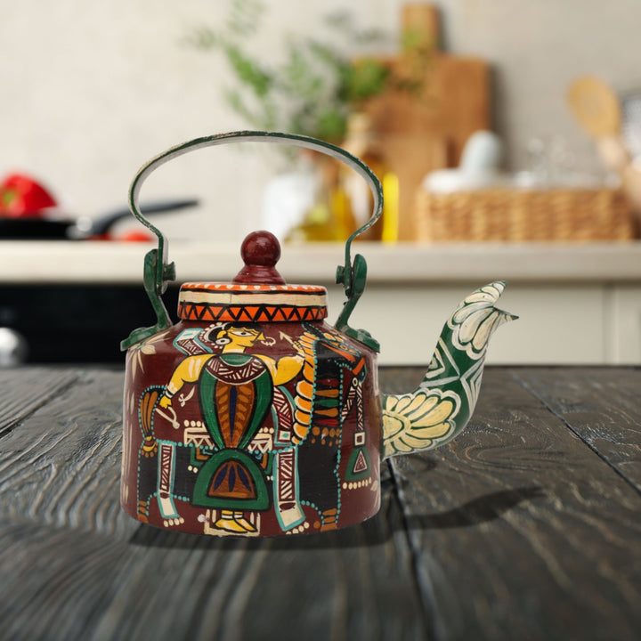 INDHA Decorative Aluminium Hand Painted Kettle Kachchhi Ghodi Dance Form Theme Print | Hand-Painted Kettle Multicolour | Exquisite Design Kettle | Gift Piece | Home Decor