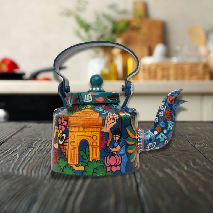 INDHA Decorative Aluminum Hand Painted Kettle Namaste India Theme Print | Hand-Painted Kettle Multicolour | Exquisite Design Kettle | Gift Piece | Home Decor