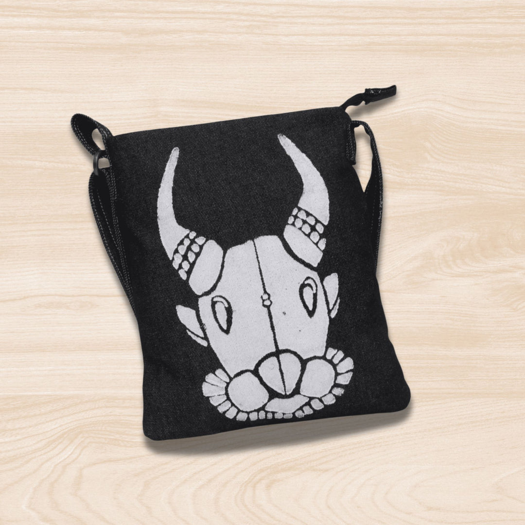 Indha Denim Crossbody Sling Bag for Girls/Women | Hand Block Printed Bull Face Sling Bag | Denim Sling Bag | Crossbody Sling Bag Sling crossbody shoulder bag | Women’s sling bag | Women black sling bag | Block print sling bag | Black sling bag |