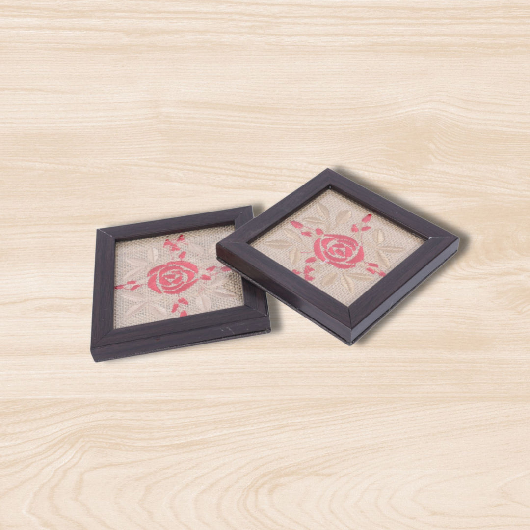 Indha Embroidered Rose Design Glass Coasters – Set of 2 with Jute, Presented in a Handcrafted Gift Box | Corporate Gifting | Table Décor | Artistic Gift