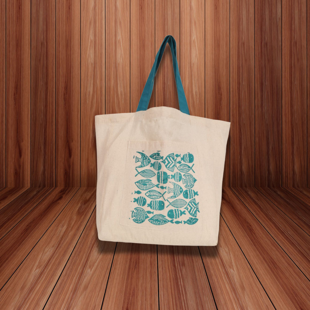 Indha Fish Block Print Cotton Bag – A Stylish and Eco-Friendly Tote for Everyday Use, Shopping, and Beach Adventures