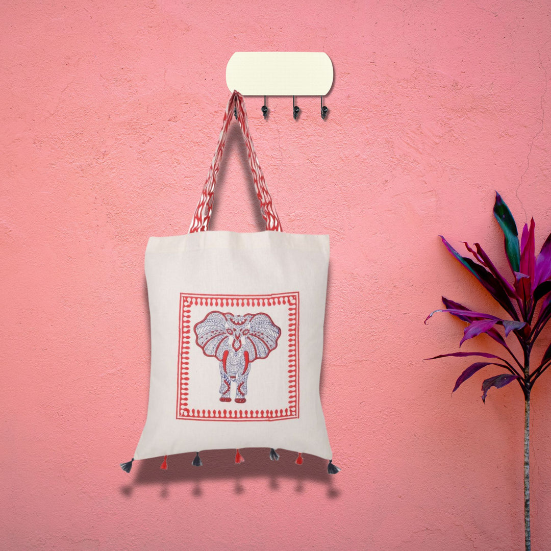 Indha Hand Block Printed Natural Cotton Tote Bag with Elephant Print and Tassel Embellishment | Eco-Friendly Fashion | Indha Artisan Crafted Elephant Motif Cotton Tote Bag with Tassel Detail | Sustainable Style| Perfect for Gifting
