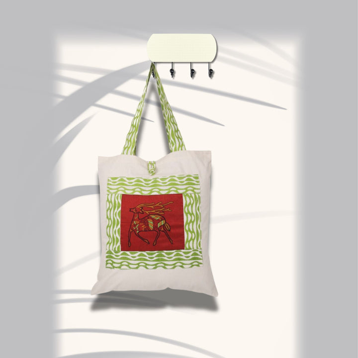 Indha Hand Embroidered Cotton Tote Bag Deer Motif with Block Print Detailing | Eco-Friendly Tote Bag | Handcrafted Cotton Bag | Stylish Everyday Bag | Artisanal Embroidery | Ethical Fashion | Sustainable Shopping Bag |