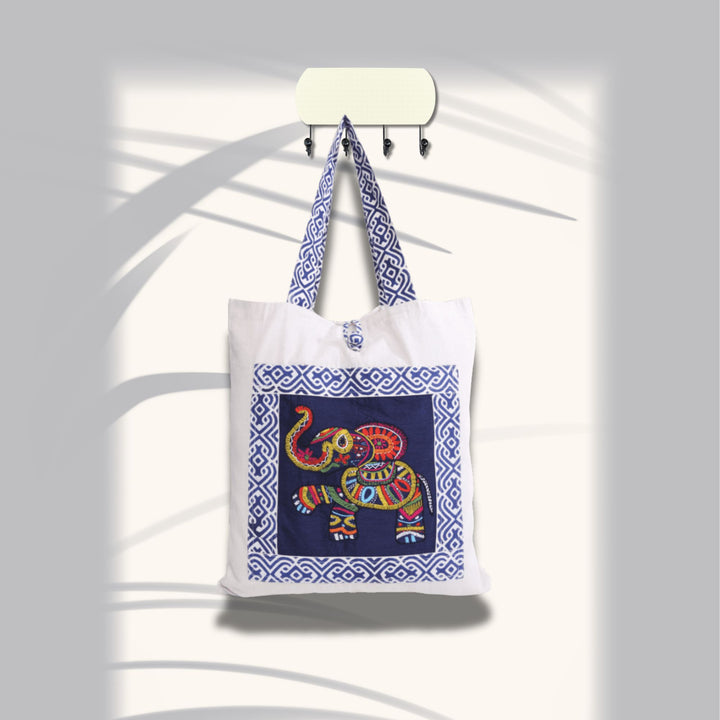 Indha Hand Embroidered Cotton Tote Bag with Elephant Motif &amp; Block Print | Eco-Friendly, Artisanal, Stylish, Sustainable Gift &amp; Everyday Travel Bag| Awesome Carry Bag|Fashion Bag |Boho Tote
