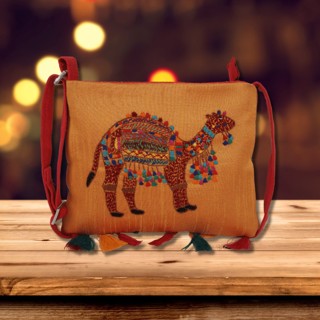 Indha Hand Embroidered Sling Bag | Camel Embroidery Sling Bag | Orange Sling Bag | Cloth Sling Bag for Women