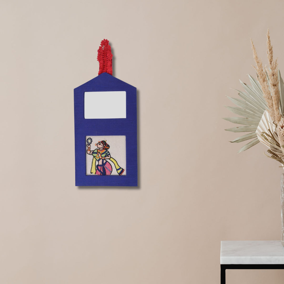 Indha Wall Hanging – Embroidered Lady Holding a Mirror | Real Mirror Accent | Handcrafted on Repurposed Wood | Reflective &amp; Regal Decor