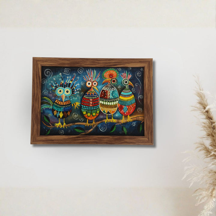 Indha Hand-Painted 4 Birds Wall Art | Upcycled Tablet Painting | Framed in Reclaimed Wood with Vegan Leather Backing | Eco-Friendly &amp; Whimsical Home Decor