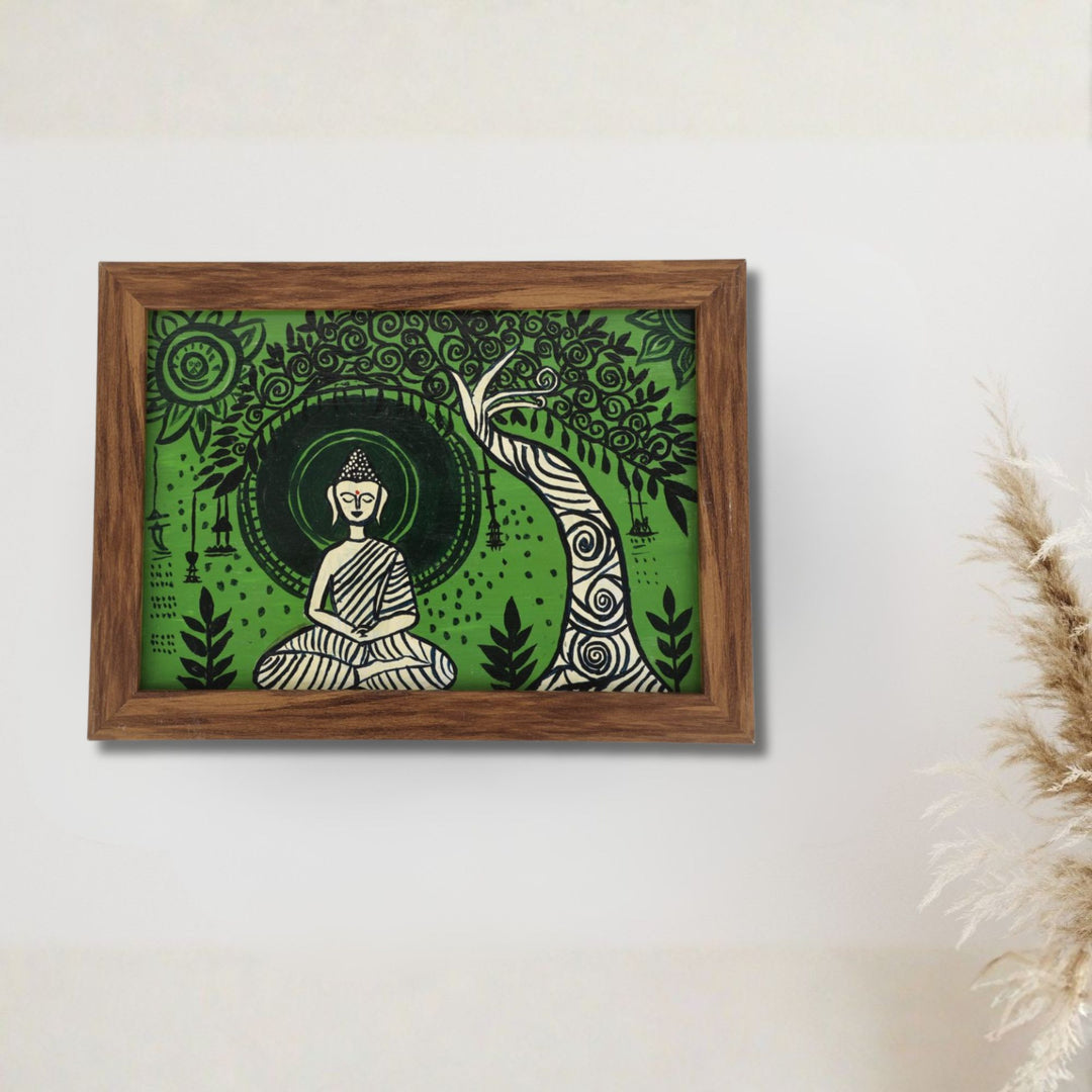 Indha Hand-Painted Buddha Wall Art | Meditating Under Tree | Upcycled Tablet with Reclaimed Wood Frame &amp; Vegan Leather Back | Eco-Friendly Spiritual Decor