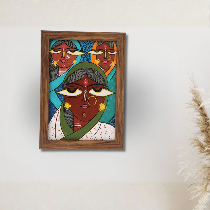 Indha Hand-Painted Abstract Wall Art | Made from Repurposed Tablet &amp; Wood | Sustainable &amp; Framed | Unique Corporate Gift| Three Women Art Acrylic Colours