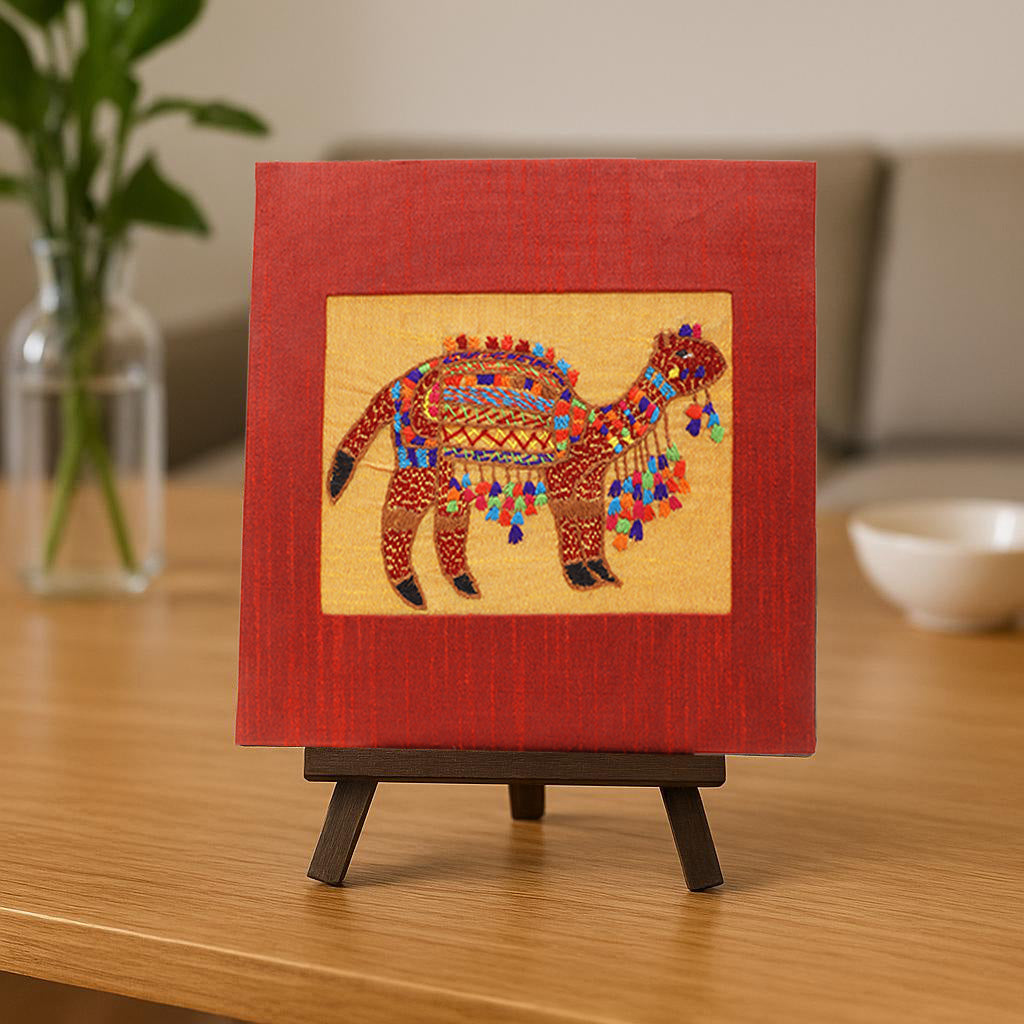 Indha Hand-Embroidered Rajasthani Desert Camel – Silk Textile Art with Mini Wooden Easel| Indian handmade Gift