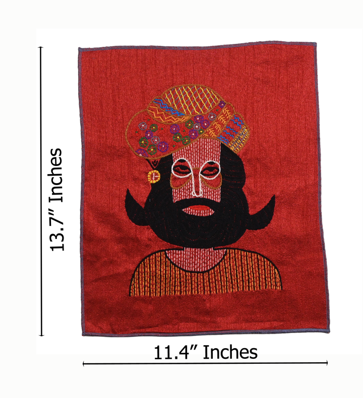 Indha Royal Rajasthani Man Embroidery – Handcrafted Panel on Dupion Silk | DIY Wall Hanging or Cushion cover | Block Printed Packing
