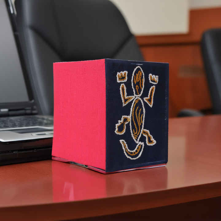 Indha Reptile Motif Pen Holder | Navy Blue &amp; Pink Pen Stand | Hand made Pen holder I Handcrafted Pen stand I Dupion Silk Fabric Penstand I Reprocessed Wood Pen Stand I  Corporate Gifting | Gifts For Men I Gifts For Women