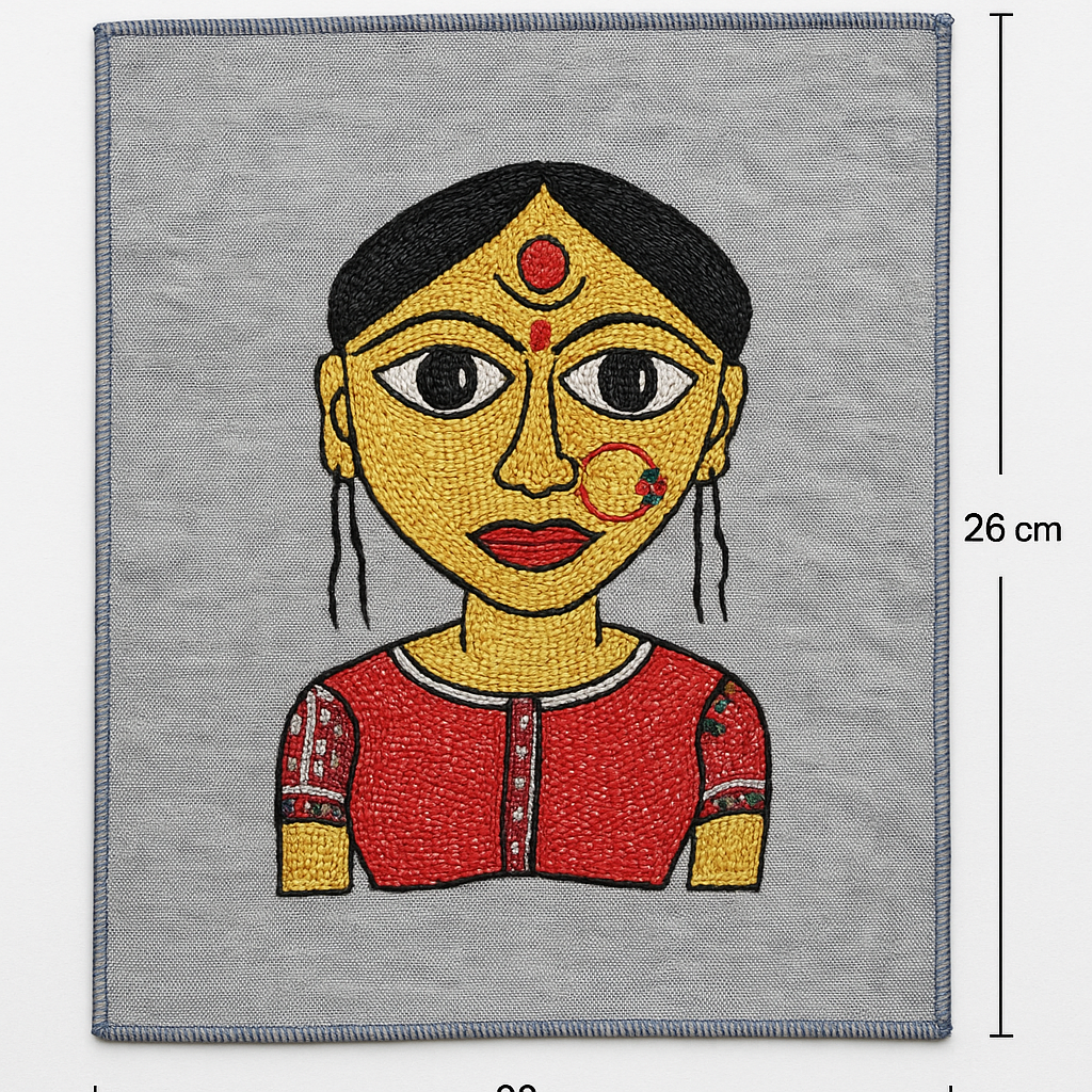 Folk Village Woman Hand Embroidery Panel – Naïve Art on Dupion Silk | DIY Decor | Tribal-Inspired Gift
