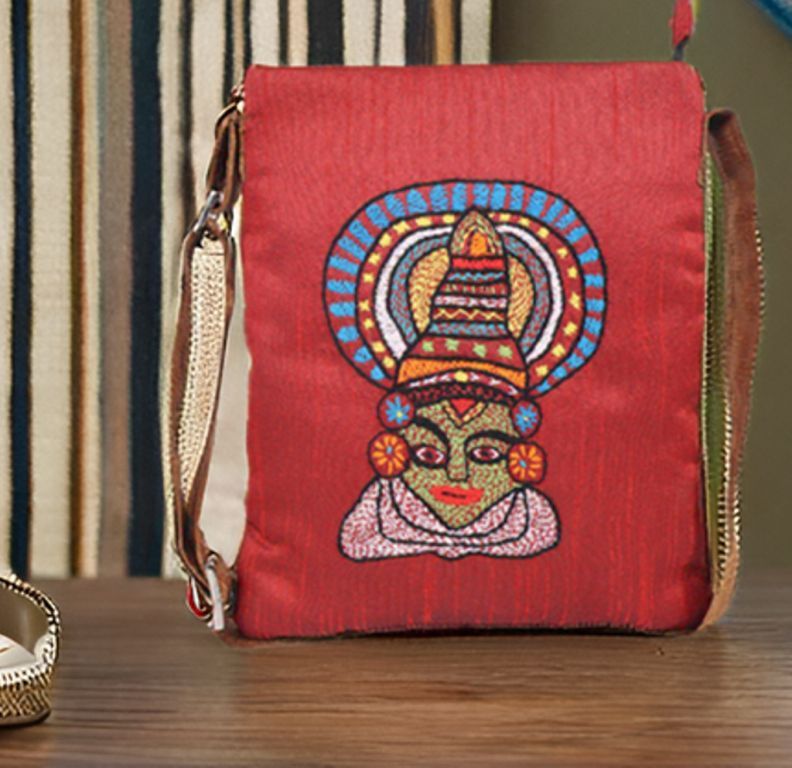 Indha Hand Embroidered Red Color Kathakali Face Embroidery Women's Sling Bag