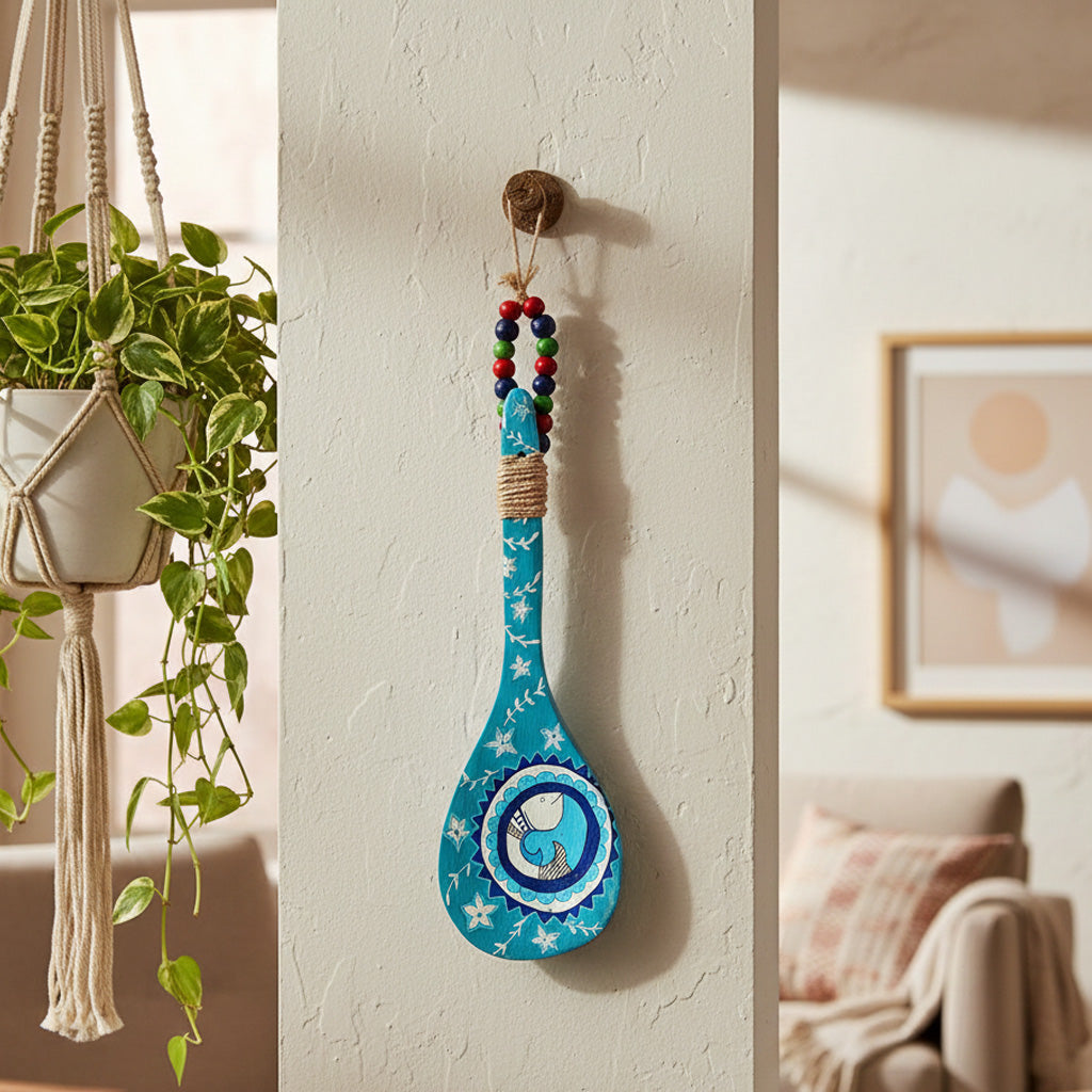 Indha Madhubani Hand-Painted Wooden Decorative Spoon (Fish Motif)
