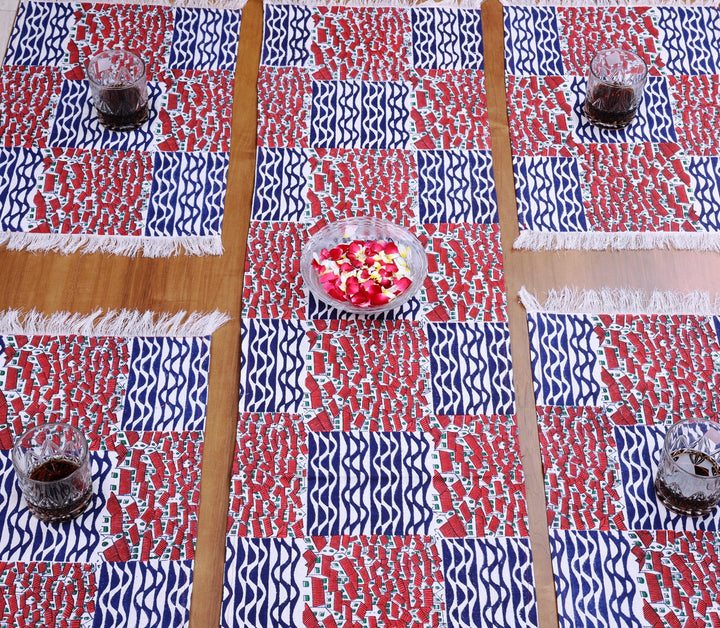 Indha Table Mat &amp; Runner Set | Hand Block Printed Red-White Hut Motif And Blue Design Pattern Cotton Table Mats And Runner Set | Set 0f 6 Table Mats And 1 Runner |