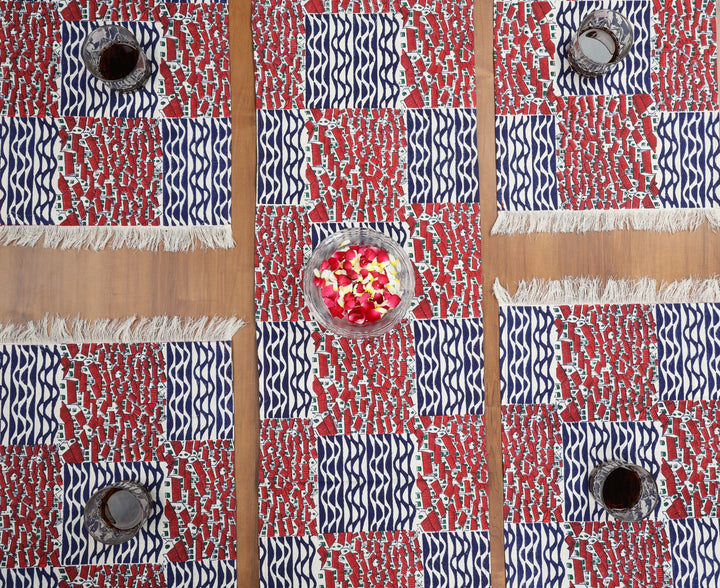 Indha Table Mat &amp; Runner Set | Hand Block Printed Red-White Hut Motif And Blue Design Pattern Cotton Table Mats And Runner Set | Set 0f 6 Table Mats And 1 Runner |
