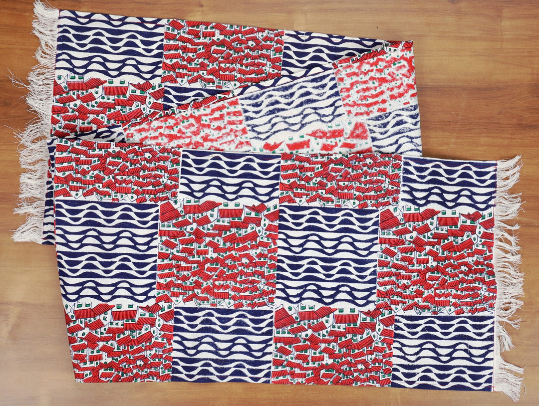 Indha Table Mat &amp; Runner Set | Hand Block Printed Red-White Hut Motif And Blue Design Pattern Cotton Table Mats And Runner Set | Set 0f 6 Table Mats And 1 Runner |