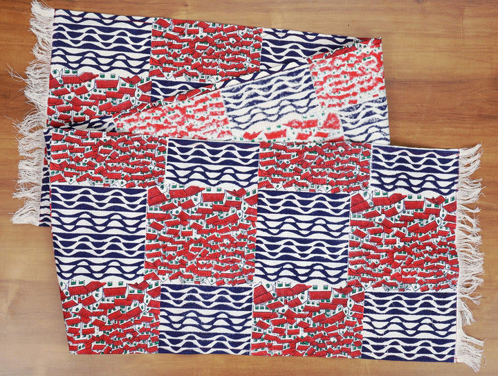 Indha Table Mat &amp; Runner Set | Hand Block Printed Red-White Hut Motif And Blue Design Pattern Cotton Table Mats And Runner Set | Set 0f 6 Table Mats And 1 Runner |